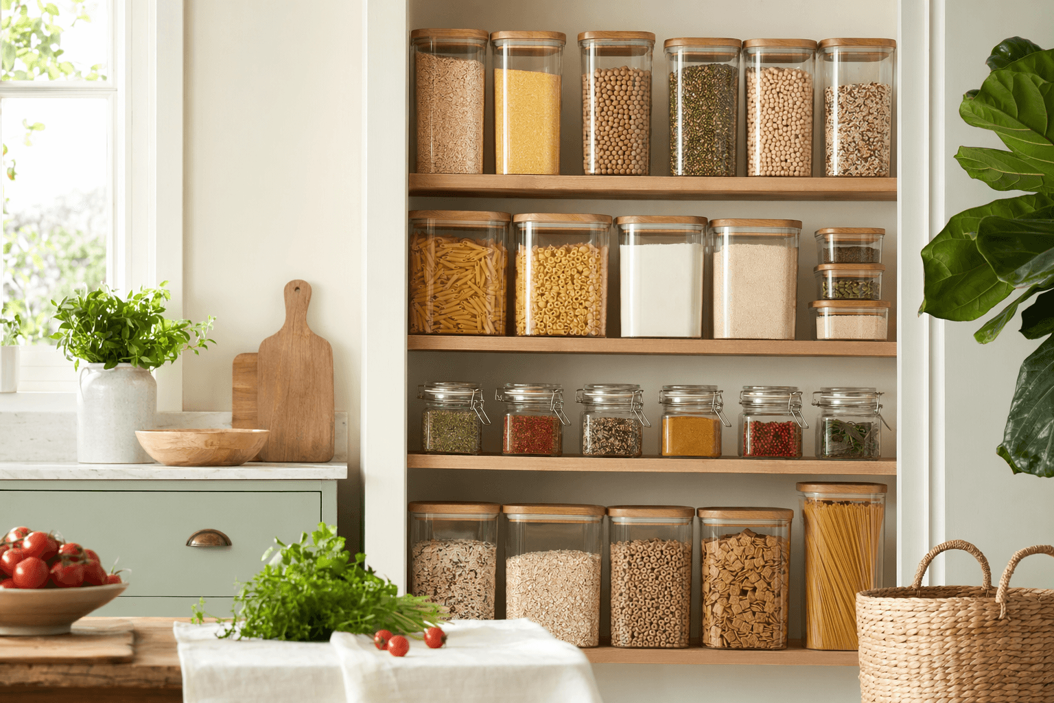 A bright, well-organised kitchen pantry
