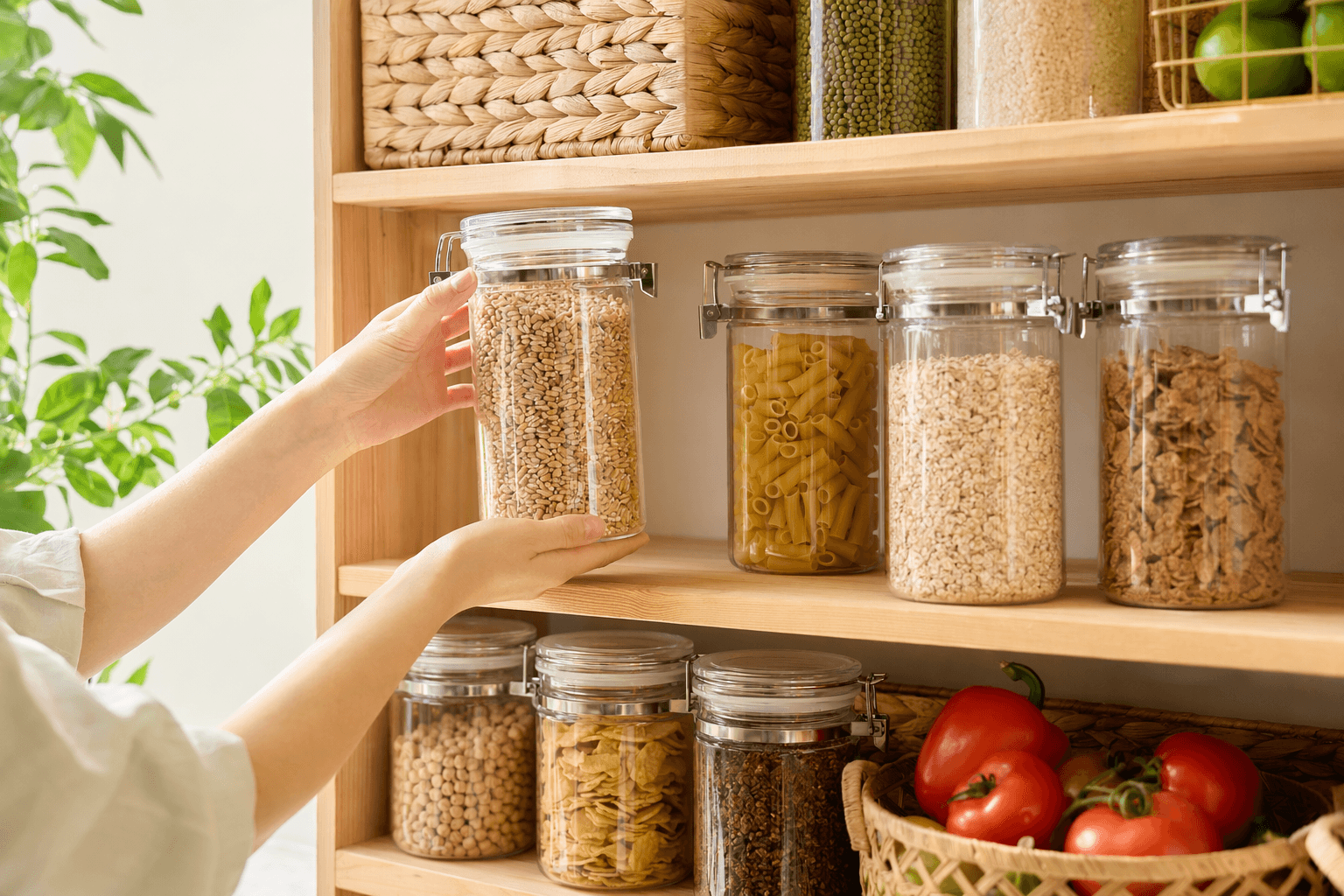 Placing a clear airtight jar of grains onto a tidy pantry shelf