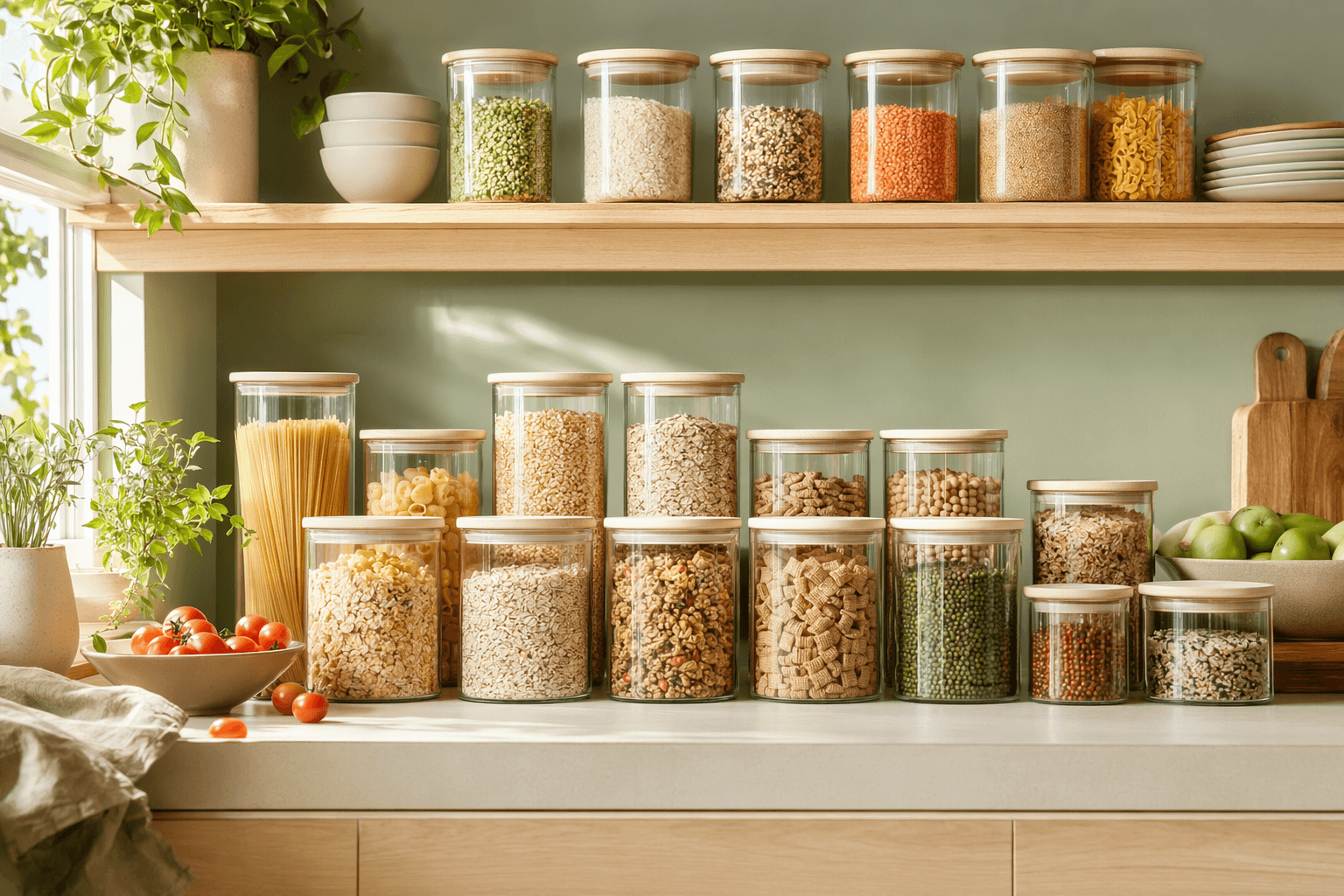 A sunlit kitchen shelf full of clear airtight jars of grains and pasta